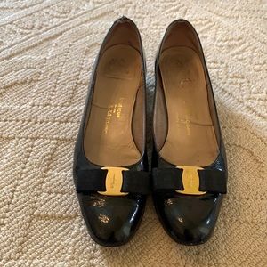 Well loved feragammo black low heeled shoes